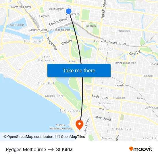 Rydges Melbourne to St Kilda map