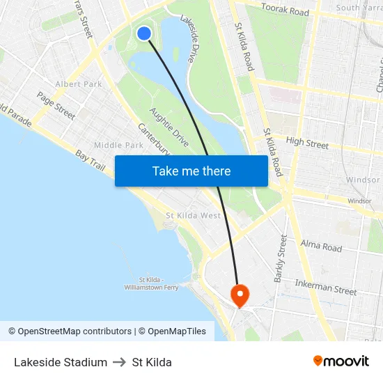 Lakeside Stadium to St Kilda map