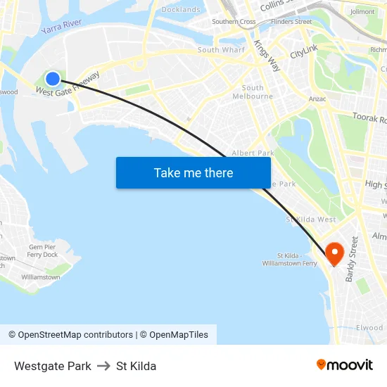 Westgate Park to St Kilda map