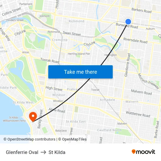 Glenferrie Oval to St Kilda map