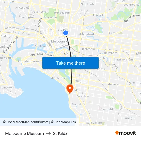 Melbourne Museum to St Kilda map