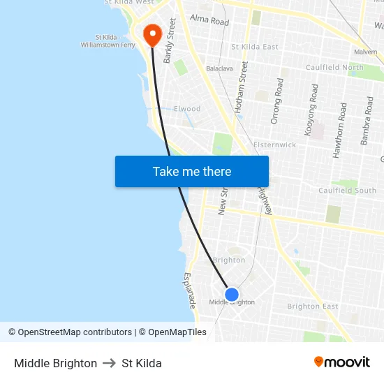 Middle Brighton to St Kilda map