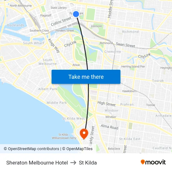 Sheraton Melbourne Hotel to St Kilda map