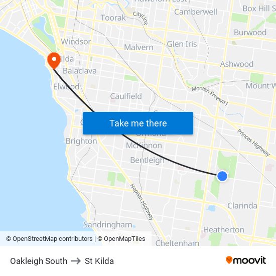 Oakleigh South to St Kilda map