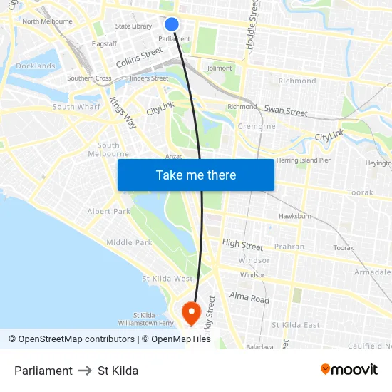Parliament to St Kilda map