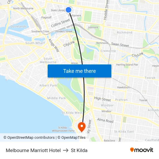 Melbourne Marriott Hotel to St Kilda map