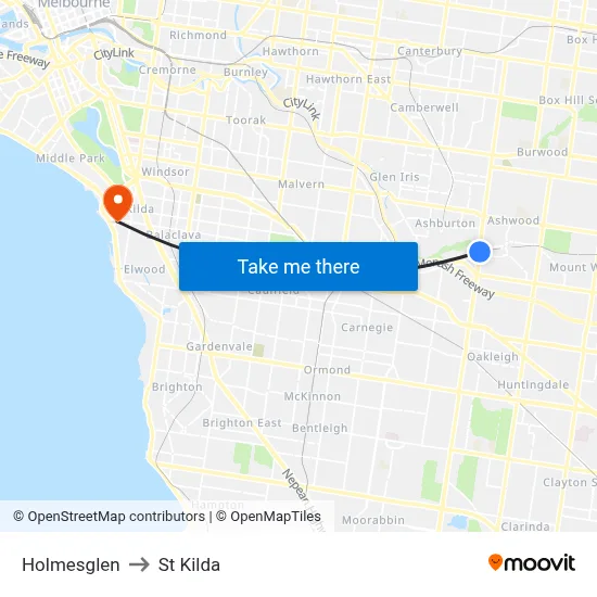 Holmesglen to St Kilda map