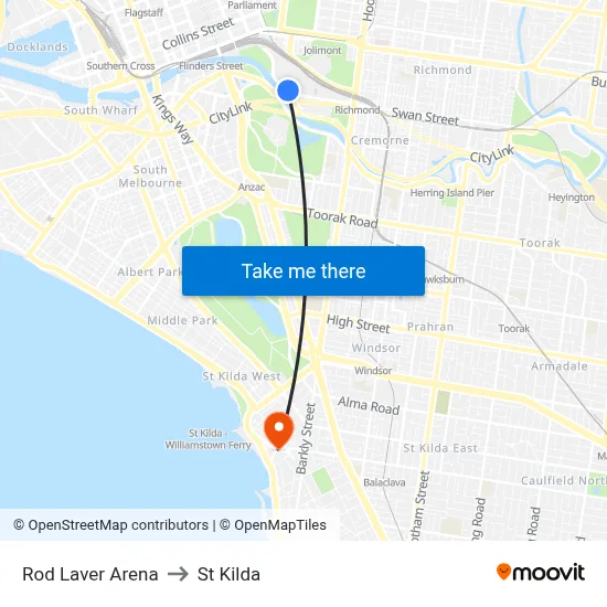 Rod Laver Arena to St Kilda map