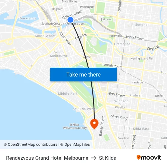 Rendezvous Grand Hotel Melbourne to St Kilda map