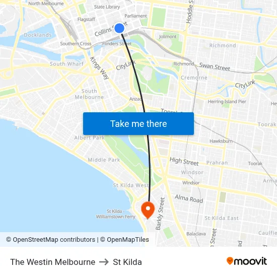 The Westin Melbourne to St Kilda map