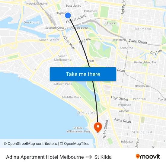 Adina Apartment Hotel Melbourne to St Kilda map