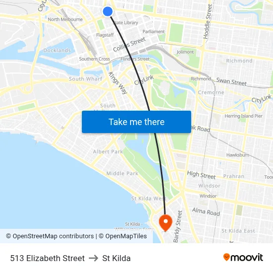 513 Elizabeth Street to St Kilda map