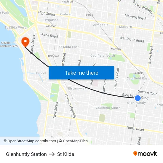 Glenhuntly Station to St Kilda map