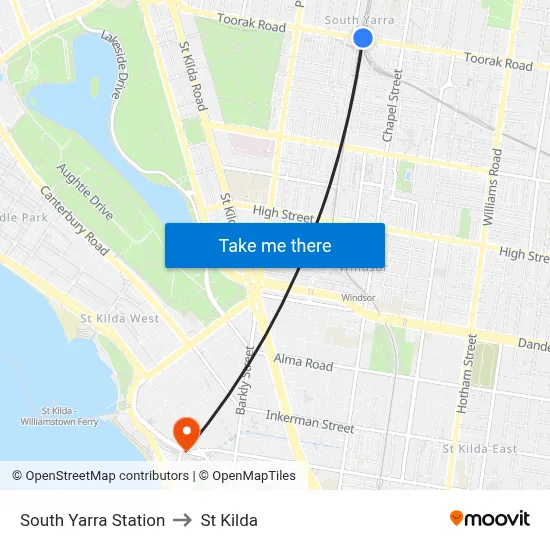 South Yarra Station to St Kilda map