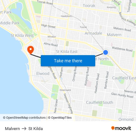 Malvern to St Kilda map