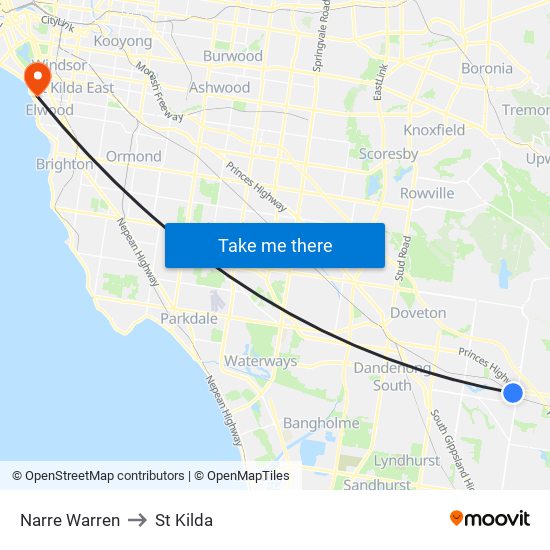 Narre Warren to St Kilda map