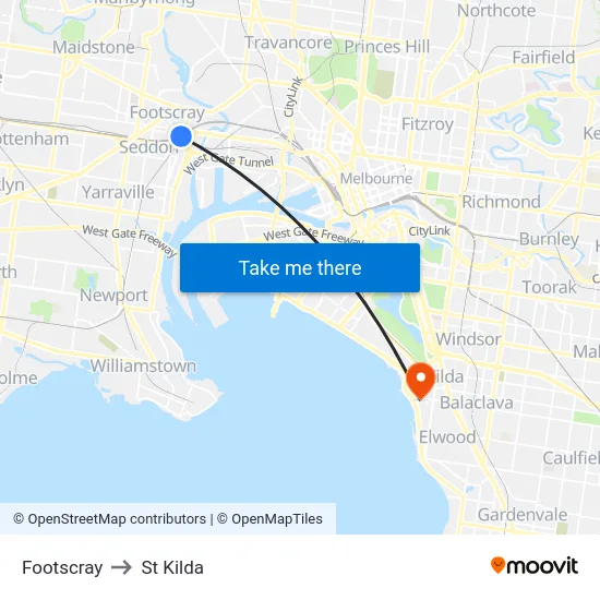 Footscray to St Kilda map