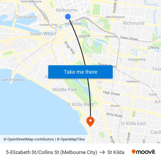 5-Elizabeth St/Collins St (Melbourne City) to St Kilda map