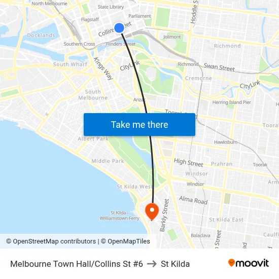 Melbourne Town Hall/Collins St #6 to St Kilda map