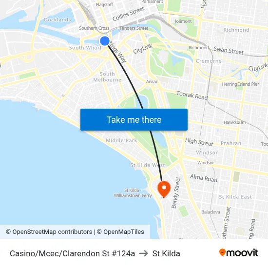Casino/Mcec/Clarendon St #124a to St Kilda map