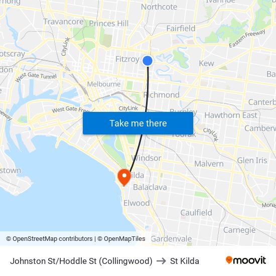 Johnston St/Hoddle St (Collingwood) to St Kilda map