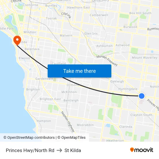 Princes Hwy/North Rd to St Kilda map