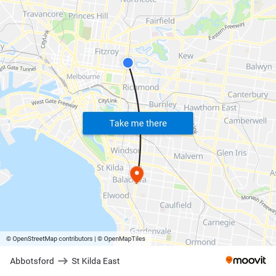 Abbotsford to St Kilda East map