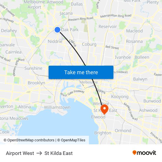 Airport West to St Kilda East map