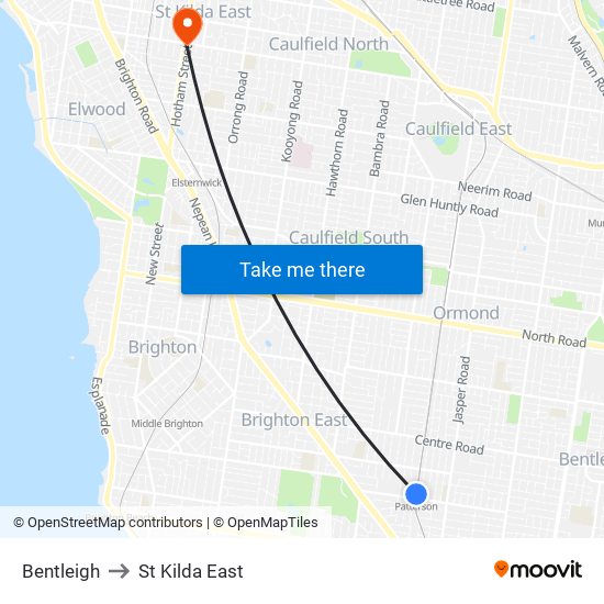 Bentleigh to St Kilda East map