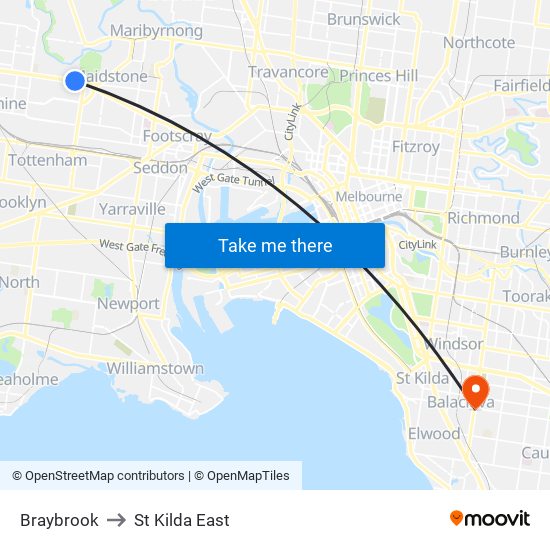 Braybrook to St Kilda East map