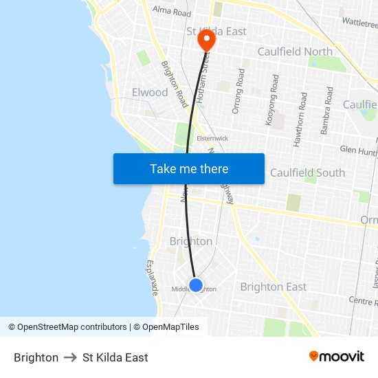 Brighton to St Kilda East map