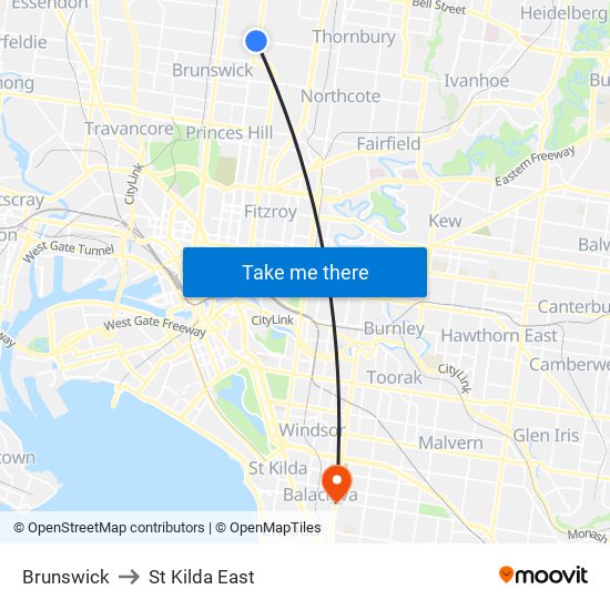 Brunswick to St Kilda East map