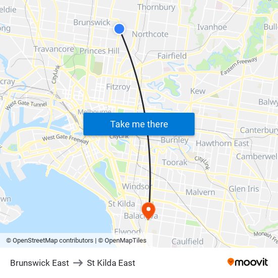 Brunswick East to St Kilda East map