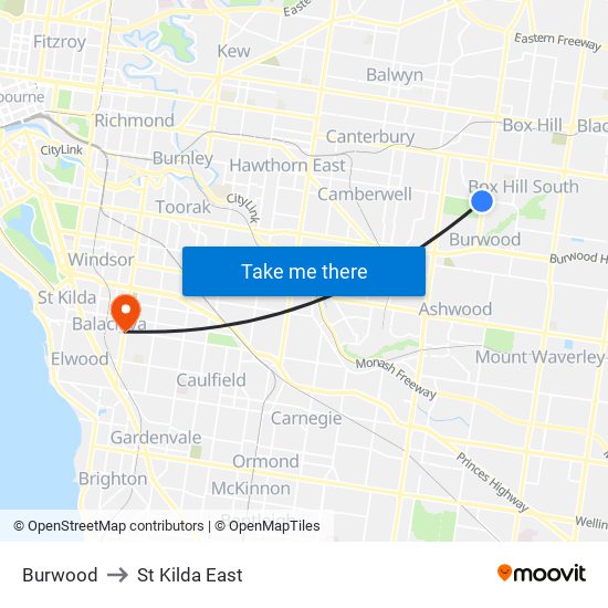 Burwood to St Kilda East map