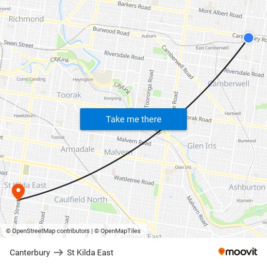 Canterbury to St Kilda East map