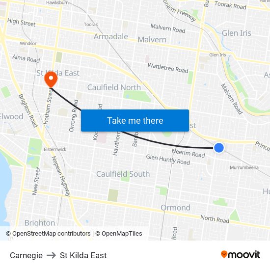 Carnegie to St Kilda East map