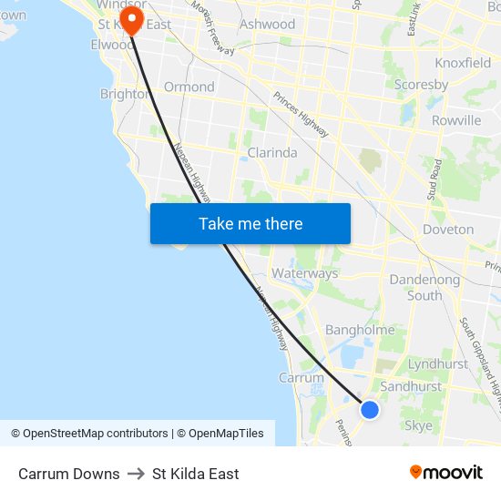 Carrum Downs to St Kilda East map