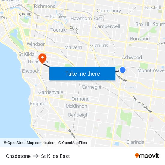 Chadstone to St Kilda East map