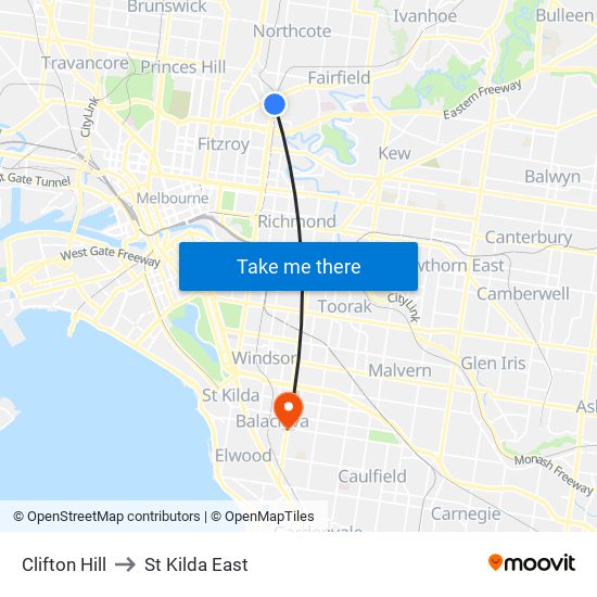 Clifton Hill to St Kilda East map