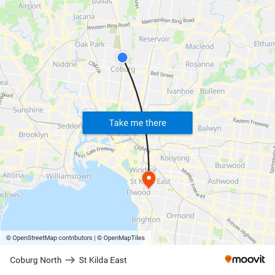 Coburg North to St Kilda East map