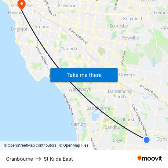 Cranbourne to St Kilda East map