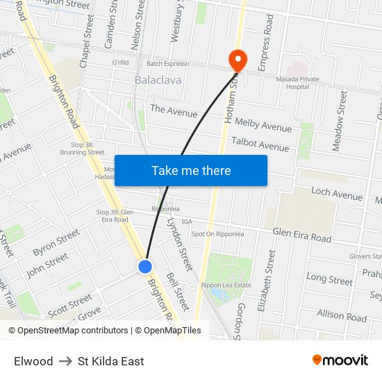 Elwood to St Kilda East map