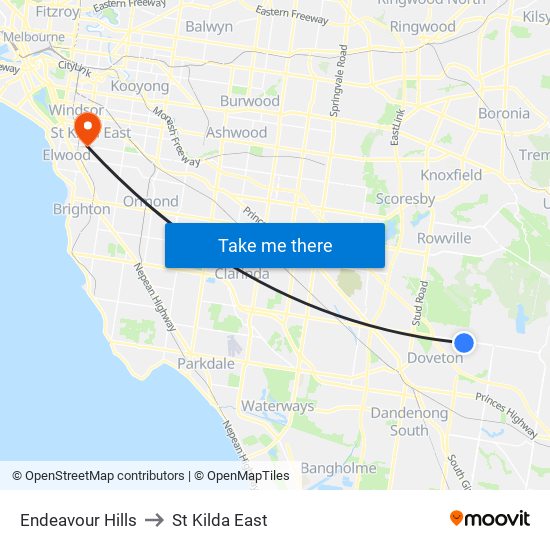 Endeavour Hills to St Kilda East map