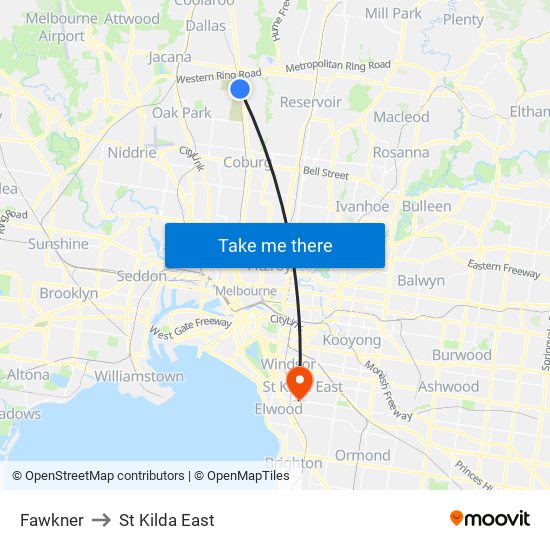 Fawkner to St Kilda East map