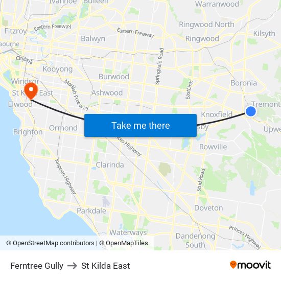 Ferntree Gully to St Kilda East map