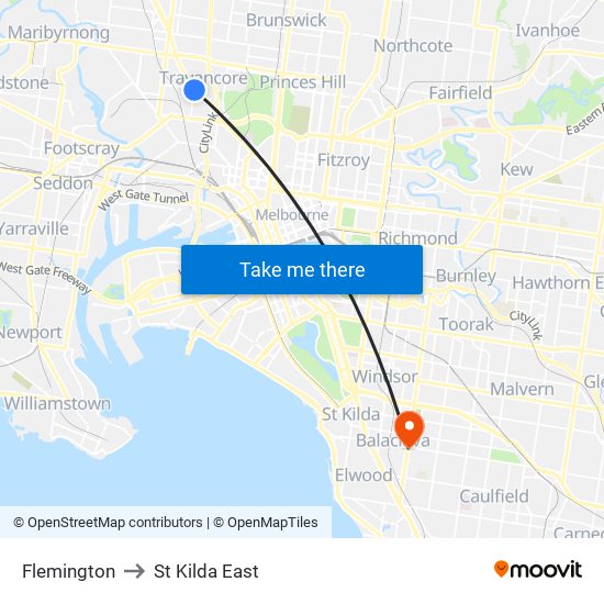 Flemington to St Kilda East map