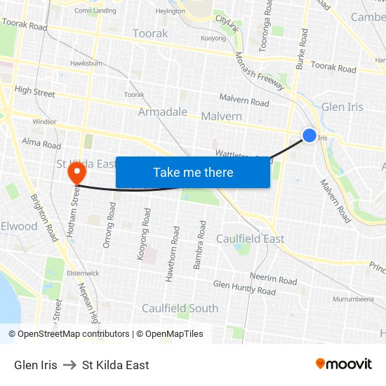 Glen Iris to St Kilda East map