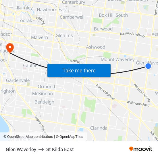 Glen Waverley to St Kilda East map