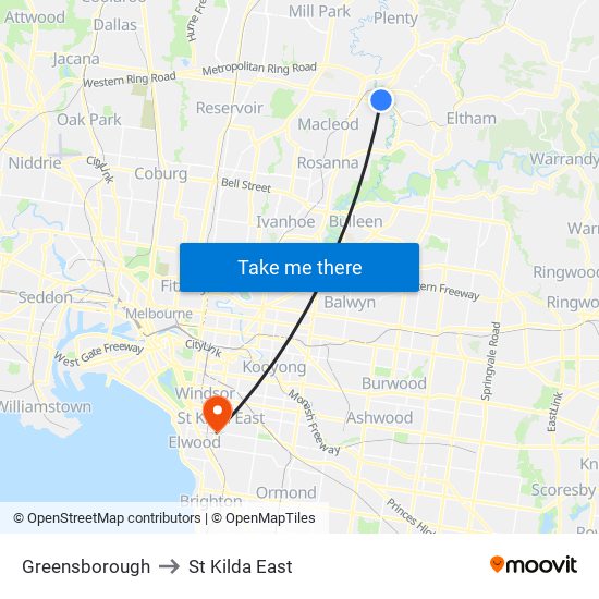 Greensborough to St Kilda East map