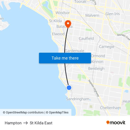 Hampton to St Kilda East map